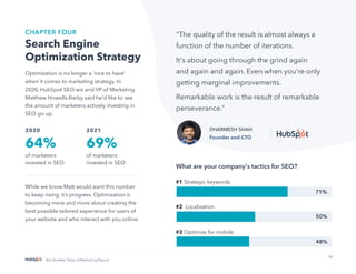 14
Not Another State of Marketing Report
CHAPTER FOUR
Search Engine
Optimization Strategy
Optimization is no longer a ‘nice to have’
when it comes to marketing strategy. In
2020, HubSpot SEO wiz and VP of Marketing
Matthew Howells-Barby said he’d like to see
the amount of marketers actively investing in
SEO go up.
2020
64%
of marketers
invested in SEO
While we know Matt would want this number
to keep rising, it’s progress. Optimization is
becoming more and more about creating the
best possible tailored experience for users of
your website and who interact with you online.
“The quality of the result is almost always a
function of the number of iterations.
It's about going through the grind again
and again and again. Even when you're only
getting marginal improvements.
Remarkable work is the result of remarkable
perseverance.”
DHARMESH SHAH
Founder and CTO
What are your company's tactics for SEO?
#1 Strategic keywords
#2 Localization
#3 Optimize for mobile
71%
50%
48%
2021
69%
of marketers
invested in SEO
 