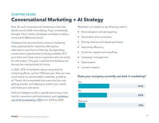 22
Not Another State of Marketing Report
CHAPTER SEVEN
Conversational Marketing + AI Strategy
Bots, AI, and conversational marketing or live chat
all still sound a little intimidating. If you immediately
thought, I don’t have a developer and kept scrolling —
come back! (Welcome back.)
Chatbots have become fairly common marketing
tools, particularly for industries offering live
sales teams most hours of the day. By expanding
conversation opportunities to being available 24/7,
your team won’t lose out on customers who are ready
for information. This year, LiveChat and HubSpot are
the top live chat bot tools of choice.
In 2021, 47% of marketers report using bots for
marketing efforts, up from 45% last year. Bots are now
much easier to use and add to websites, as well as
AI. There’s AI incorporated into every tool you use,
getting smarter and helping to predict your needs
and make your job easier.
Artificial intelligence (AI) is rapidly becoming a main
tool for conversion and optimization, and marketers’
use of AI increased by 190% from 2018 to 2020.
Marketers can expect to see AI being used in:
•	 Personalization and ad targeting
•	 Automation and conversion
•	 Driving revenue and repeat purchases
•	 Improving efficiency
•	 Customer support and upselling
•	 Campaign management
•	 Optimization
•	 Content creation
Does your company currently use bots in marketing?
Yes
No
Not sure
47%
43%
10%
 