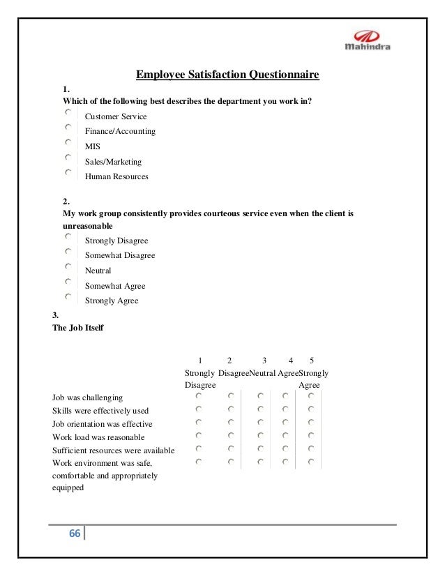 questionnaire for employee satisfaction project pdf