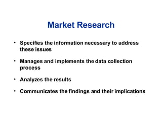 Market Research Specifies the information necessary to address these issues Manages and implements the data collection process Analyzes the results Communicates the findings and their implications 