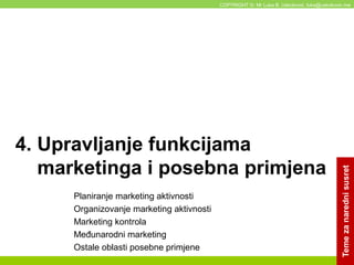 Planiranje marketing aktivnosti
Organizovanje marketing aktivnosti
Marketing kontrola
Međunarodni marketing
Ostale oblasti...