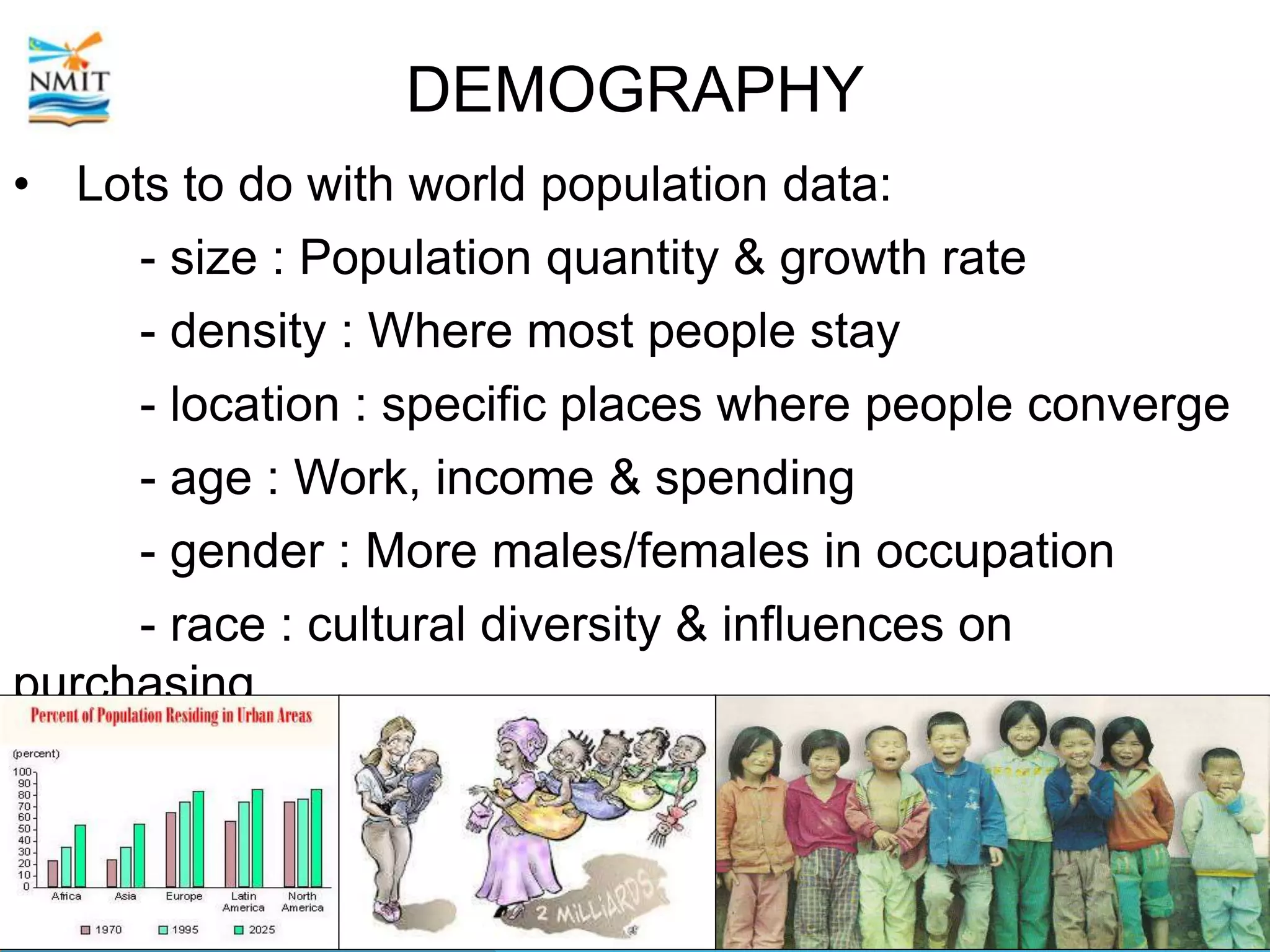 DEMOGRAPHY
• Lots to do with world population data:
- size : Population quantity & growth rate
- density : Where most people stay
- location : specific places where people converge
- age : Work, income & spending
- gender : More males/females in occupation
- race : cultural diversity & influences on
purchasing
 
