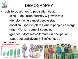 DEMOGRAPHY
• Lots to do with world population data:
- size : Population quantity & growth rate
- density : Where most people stay
- location : specific places where people converge
- age : Work, income & spending
- gender : More males/females in occupation
- race : cultural diversity & influences on
purchasing
 
