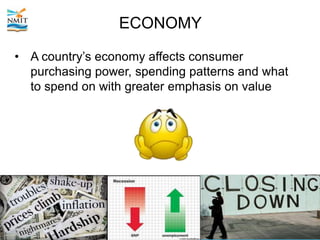 ECONOMY
• A country’s economy affects consumer
purchasing power, spending patterns and what
to spend on with greater emphasis on value
 