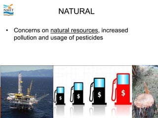 NATURAL
• Concerns on natural resources, increased
pollution and usage of pesticides
 