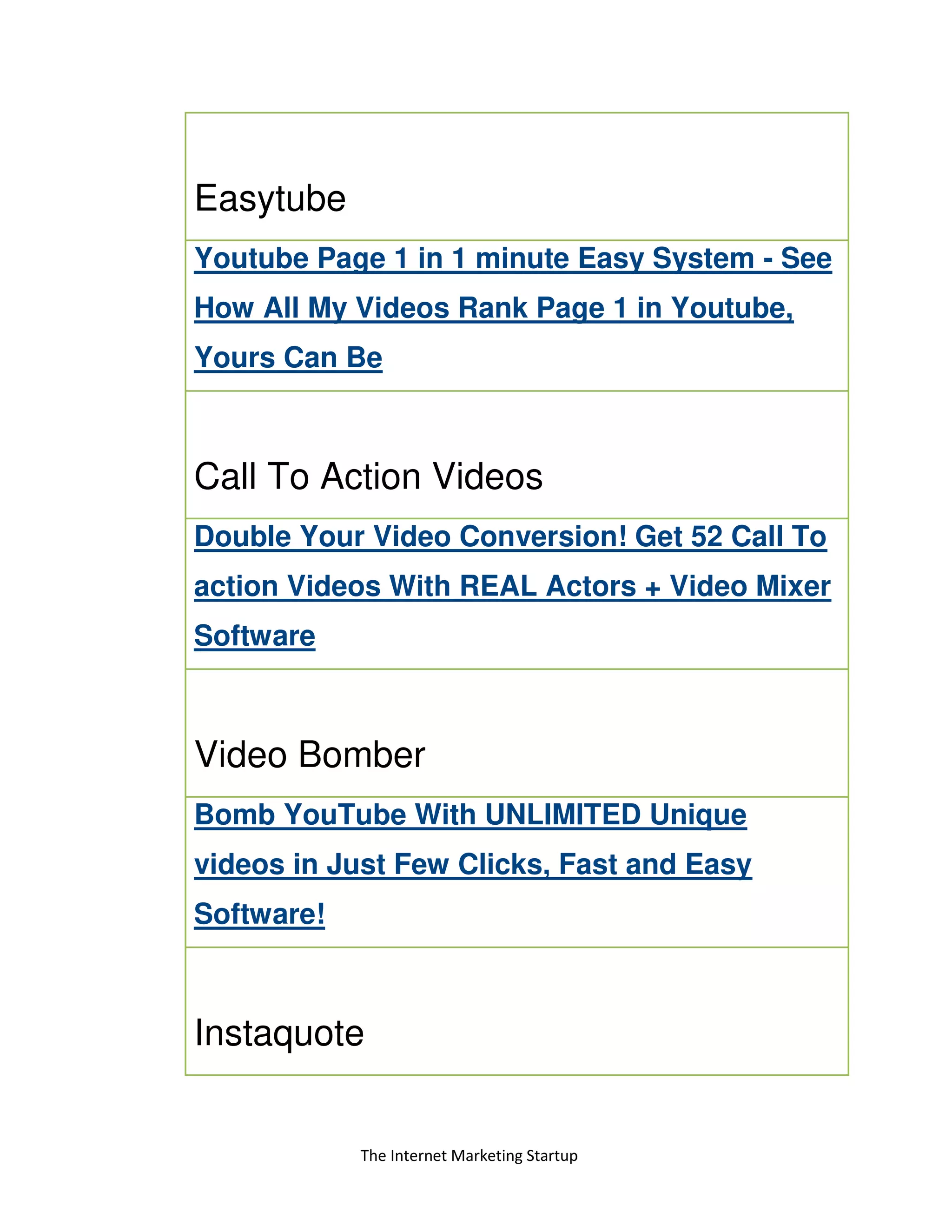 The Internet Marketing Startup
Easytube
Youtube Page 1 in 1 minute Easy System - See
How All My Videos Rank Page 1 in Youtube,
Yours Can Be
Call To Action Videos
Double Your Video Conversion! Get 52 Call To
action Videos With REAL Actors + Video Mixer
Software
Video Bomber
Bomb YouTube With UNLIMITED Unique
videos in Just Few Clicks, Fast and Easy
Software!
Instaquote
 