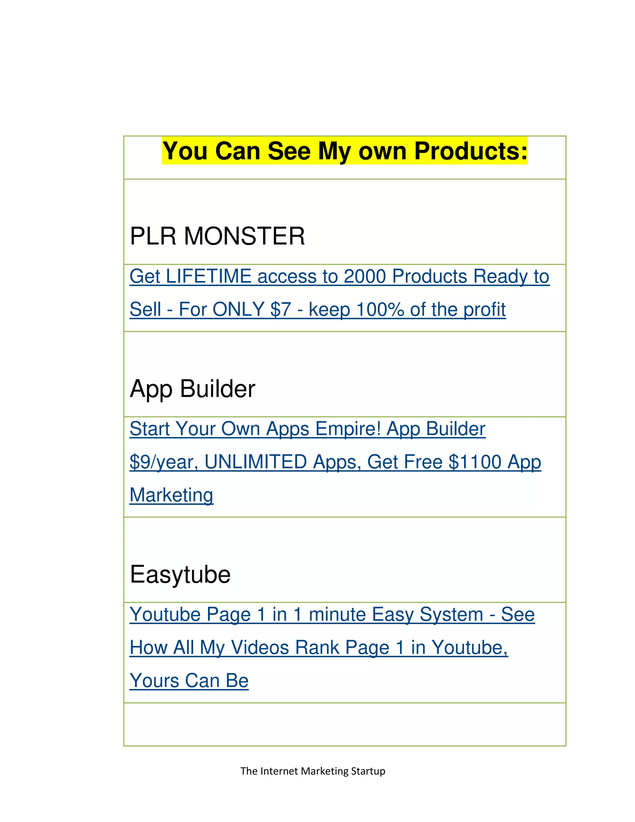 The Internet Marketing Startup
You Can See My own Products:
PLR MONSTER
Get LIFETIME access to 2000 Products Ready to
Sell - For ONLY $7 - keep 100% of the profit
App Builder
Start Your Own Apps Empire! App Builder
$9/year, UNLIMITED Apps, Get Free $1100 App
Marketing
Easytube
Youtube Page 1 in 1 minute Easy System - See
How All My Videos Rank Page 1 in Youtube,
Yours Can Be
 