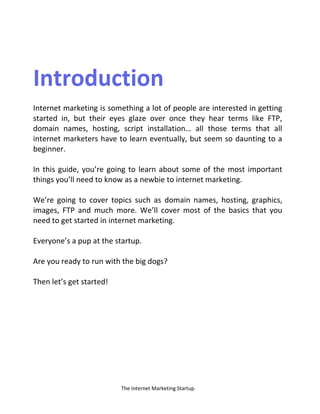 The Internet Marketing Startup
Introduction
Internet marketing is something a lot of people are interested in getting
started in, but their eyes glaze over once they hear terms like FTP,
domai a es, hosti g, script i stallatio … all those ter s that all
internet marketers have to learn eventually, but seem so daunting to a
beginner.
In this guide, you’re going to learn about some of the most important
things you’ll need to know as a newbie to internet marketing.
We’re going to cover topics such as domain names, hosting, graphics,
images, FTP and much more. We’ll cover most of the basics that you
need to get started in internet marketing.
Everyone’s a pup at the startup.
Are you ready to run with the big dogs?
Then let’s get started!
 
