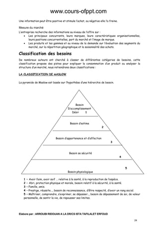 www.cours-ofppt.com
Une information peut être positive et stimule l’achat, ou négative elle l’a freine.

Mesure du marché
L’entreprise recherche des informations au niveau de l’offre sur :
• Les principaux concurrents, leurs marques, leurs caractéristiques organisationnelles,
leurs positions concurrentielles, part du marché et l’image de marque.
• Les produits et les gammes et au niveau de la demande sur l’évaluation des segments du
marché, sur la répartition géographique et la saisonnalité des achats.

Classification des besoins
De nombreux auteurs ont cherché à classer de différentes catégories de besoins, cette
classification propose des pistes pour expliquer la consommation d’un produit ou analyser la
structure d’un marché, nous retiendrons deux classifications :
LA CLASSIFICATION DE mASLOW
La pyramide de Maslow est basée sur l’hypothèse d’une hiérarchie de besoin.

Besoin
D’accomplissement
Désir
1

Besoin d’estime

2

Besoin d’appartenance et d’affection

Besoin se sécurité

Besoin physiologique

3

4

5

1 – Avoir faim, avoir soif … relative à la santé, à la reproduction de l’espèce.
2 – Abri, protection physique et morale, besoin relatif à la sécurité, à la santé.
3 – Famille, amis.
4 – Prestige, réussite…, besoin de reconnaissance, d’être respecté, d’avoir un rang social.
5 – Maîtriser, comprendre, s’exprimer, se dépasser.., besoin de dépassement de soi, de valeur
personnelle, de sentir la vie, de repousser ses limites.

Elabore par : ARROUBI RIDOUAN A LA DR/CS ISTA TAFILALET ERFOUD
24

 