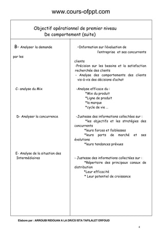 www.cours-ofppt.com
Objectif opérationnel de premier niveau
De comportement (suite)
B- Analyser la demande

-Information sur l’évaluation de

l’entreprise et ses concurrents

par les
clients
-Précision sur les besoins et la satisfaction
recherchée des clients
- Analyse des comportements des clients
vis-à-vis des décisions d’achat
C- analyse du Mix

D- Analyser la concurrence

E- Analyse de la situation des
Intermédiaires

-Analyse efficace du :
*Mix du produit
*Ligne de produit
*la marque
*cycle de vie …
-Justesse des informations collectées sur :
*les objectifs et les stratégies des
concurrents
*leurs forces et faiblesses
*leurs parts de marché et ses
évolutions
*leurs tendances prévues

- Justesse des informations collectées sur :
*Répertoire des principaux canaux de
distribution
*Leur efficacité
* Leur potentiel de croissance

Elabore par : ARROUBI RIDOUAN A LA DR/CS ISTA TAFILALET ERFOUD
4

 
