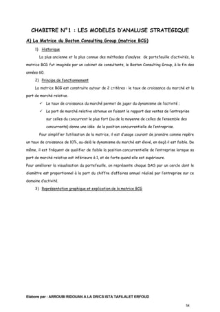 CHABITRE N°1 : LES MODELES D’ANALUSE STRATEGIQUE
A) La Matrice du Boston Consulting Group (matrice BCG)
1) Historique
La plus ancienne et la plus connue des méthodes d’analyse de portefeuille d’activités, la
matrice BCG fut imaginée par un cabinet de consultants, le Boston Consulting Group, à la fin des
années 60.
2) Principe de fonctionnement
La matrice BCG est construite autour de 2 critères : le taux de croissance du marché et la
part de marché relative.
Le taux de croissance du marché permet de juger du dynamisme de l’activité ;
La part de marché relative obtenue en faisant le rapport des ventes de l’entreprise
sur celles du concurrent le plus fort (ou de la moyenne de celles de l’ensemble des
concurrents) donne une idée de la position concurrentielle de l’entreprise.
Pour simplifier l’utilisation de la matrice, il est d’usage courant de prendre comme repère
un taux de croissance de 10%, au-delà le dynamisme du marché est élevé, en deçà il est faible. De
même, il est fréquent de qualifier de faible la position concurrentielle de l’entreprise lorsque sa
part de marché relative est inférieure à 1, et de forte quand elle est supérieure.
Pour améliorer la visualisation du portefeuille, on représente chaque DAS par un cercle dont le
diamètre est proportionnel à la part du chiffre d’affaires annuel réalisé par l’entreprise sur ce
domaine d’activité.
3) Représentation graphique et explication de la matrice BCG

Elabore par : ARROUBI RIDOUAN A LA DR/CS ISTA TAFILALET ERFOUD
54

 