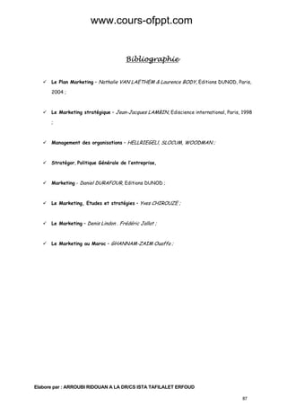 www.cours-ofppt.com

Bibliographie
Le Plan Marketing – Nathalie VAN LAETHEM & Laurence BODY, Editions DUNOD, Paris,
2004 ;

Le Marketing stratégique – Jean-Jacques LAMBIN, Ediscience international, Paris, 1998
;

Management des organisations – HELLRIEGELl, SLOCUM, WOODMAN ;

Stratégor, Politique Générale de l’entreprise,

Marketing - Daniel DURAFOUR, Editions DUNOD ;

Le Marketing, Etudes et stratégies – Yves CHIROUZE ;

Le Marketing – Denis Lindon . Frédéric Jallat ;

Le Marketing au Maroc – GHANNAM-ZAIM Ouaffa ;

Elabore par : ARROUBI RIDOUAN A LA DR/CS ISTA TAFILALET ERFOUD
87

 