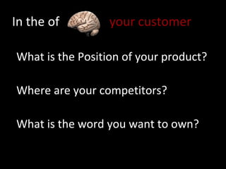 In the of  your customer What is the Position of your product? Where are your competitors? What is the word you want to own? 