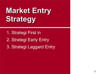 Market Entry Strategy Strategi First in Strategi Early Entry Strategi Laggard Entry 
