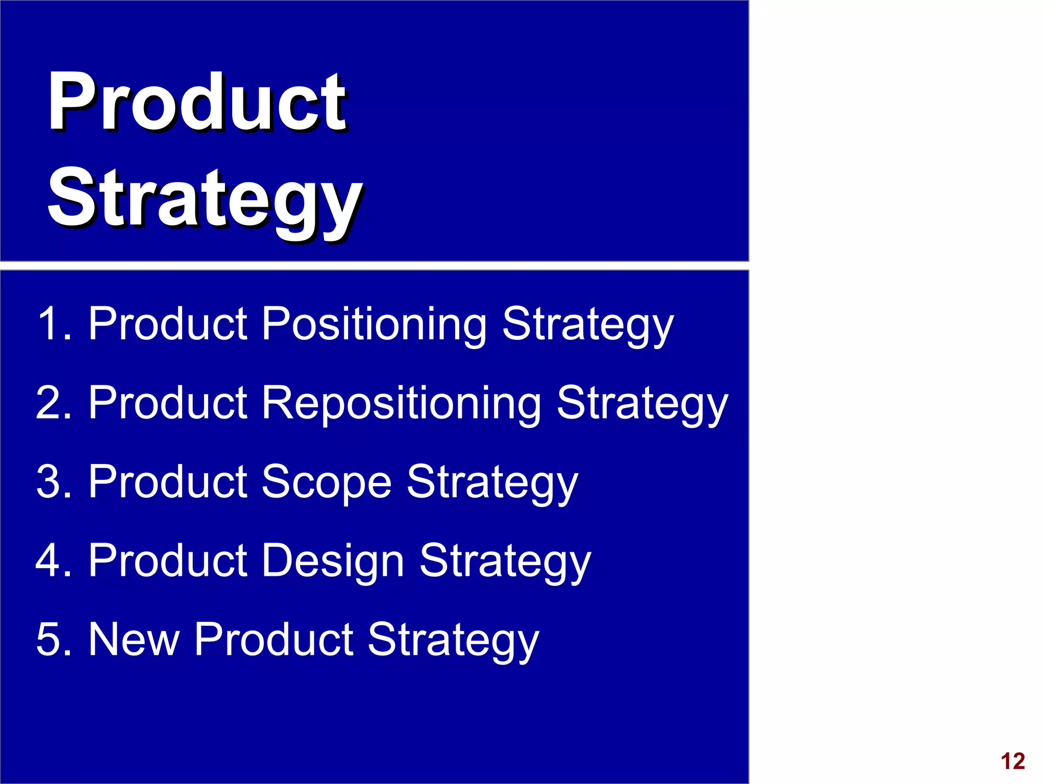 Product Strategy Product Positioning Strategy Product Repositioning Strategy Product Scope Strategy Product Design Strategy New Product Strategy 