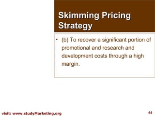 (b) To recover a significant portion of promotional and research and development costs through a high margin. Skimming Pricing Strategy 