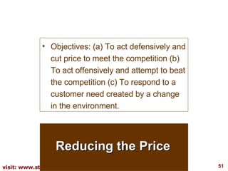 Reducing the Price <ul><li>Objectives: (a) To act defensively and cut price to meet the competition (b) To act offensively...
