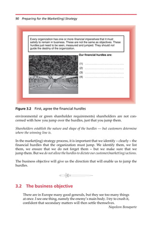 environmental or green shareholder requirements) shareholders are not con-
cerned with how you jump over the hurdles, just that you jump them.
Shareholders establish the nature and shape of the hurdles — but customers determine
where the winning line is.
In the market(ing) strategy process, it is important that we identify — clearly — the
financial hurdles that the organization must jump. We identify them, we list
them, we ensure that we do not forget them — but we make sure that we
jump them. But we do not allow the hurdles to dictate our customer/market(ing) actions.
The business objective will give us the direction that will enable us to jump the
hurdles.
3.2 The business objective
There are in Europe many good generals, but they see too many things
at once. I see one thing, namely the enemy’s main body. I try to crush it,
confident that secondary matters will then settle themselves.
Napoleon Bonaparte
Our financial hurdles are:
(1)
(2)
(3)
(4)
Every organization has one or more financial imperatives that it must
satisfy to remain in business. These are not the same as objectives. These
hurdles just need to be seen, measured and jumped. They should not
guide the destiny of the organization.
Figure 3.2 First, agree the financial hurdles
90 Preparing for the Market(ing) Strategy
 