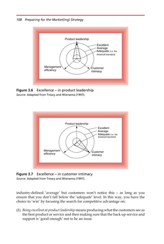 industry-defined ‘average’ but customers won’t notice this — as long as you
ensure that you don’t fall below the ‘adequate’ level. In this way, you have the
choice to ‘win’ by focusing the search for competitive advantage on:
(1) Being excellent at product leadership means producing what the customers see as
the best product or service and then making sure that the back up service and
support is ‘good enough’ not to be an issue.
Excellent
Average
Adequate (i.e. the
threshold standard)
Product leadership
Management
efficiency
Customer
intimacy
Figure 3.6 Excellence – in product leadership
Source: Adapted from Treacy and Wiersema (1997).
Excellent
Average
Adequate (i.e. the
threshold standard)
Product leadership
Management
efficiency
Customer
intimacy
Figure 3.7 Excellence – in customer intimacy
Source: Adapted from Treacy and Wiersema (1997).
108 Preparing for the Market(ing) Strategy
 