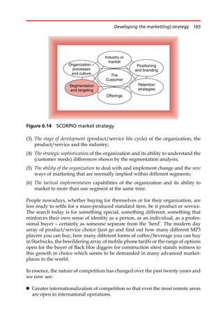 (3) The stage of development (product/service life cycle) of the organization, the
product/service and the industry;
(4) The strategic sophistication of the organization and its ability to understand the
(customer needs) differences shown by the segmentation analysis;
(5) The ability of the organization to deal with and implement change and the new
ways of marketing that are normally implied within different segments;
(6) The tactical implementation capabilities of the organization and its ability to
market to more than one segment at the same time.
People nowadays, whether buying for themselves or for their organization, are
less ready to settle for a mass-produced standard item, be it product or service.
The search today is for something special, something different, something that
reinforces their own sense of identity as a person, as an individual, as a profes-
sional buyer — certainly as someone separate from the ‘herd’. The modern day
array of product/service choice (just go and find out how many different MP3
players you can buy, how many different forms of coffee/beverage you can buy
in Starbucks, the bewildering array of mobile phone tariffs or the range of options
open for the buyer of Back Hoe diggers for construction sites) stands witness to
this growth in choice which seems to be demanded in many advanced market-
places in the world.
In essence, the nature of competition has changed over the past twenty years and
we now see:
 Greater internationalization of competition so that even the most remote areas
are open to international operations.
Industry or
market
The
Customer
Segmentation
and targeting
Organization –
processes
and culture
Positioning
and branding
Offerings
Retention
strategies
Figure 6.14 SCORPIO market strategy
Developing the market(ing) strategy 165
 