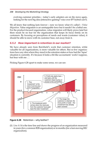 evolving customer priorities — today’s early adopters are on the move again,
looking for the next big idea (interactive gaming? voice over IP? hybrid cars?).
We all knew that nothing lasts forever — now we know what it’s called — Value
Migration. Value migration is an unstoppable force but it needn’t be a lethal one.
For the product-focused organization, value migration will likely prove fatal but
there needs be no fear for the organization that keeps its focus firmly on its
customers. By focusing on perceptions of needs and wants (customer value), it
should be able to move with its customer base, not away from it.
6.5.2 How important is retention in our market?
We have already seen from Reichheld’s work that customer retention, while
valuable for all organizations, is more valuable for others. But so few organiza-
tions have any idea where they stand in the retention stakes or how bad the ‘lapse’
situation is currently. It’s because it looks a bit like accountants’ work I suppose,
but bear with me . . .
Picking Figure 6.28 apart to make some sense, we can see:
(1) Line A: It is the time line and shows the progress of an organization measured
in years (for a common B2B organization) or in months (for a fast-moving B2C
organization).
£$€
+
–
0 1 2 2.5 3 4 5 6 7
3. Profit only starts here –
and lasts until the
customer stops buying or
moves to the competition
2. The breakeven point
comes when the revenues
from the customer have paid
back the total ‘investment’
4. The longer the
customer is retained, the
more profit is made – the
investment has already
been covered
Line A
Line B
Time
1. This
‘investment’ is the
cost of service plus
cost of acquisition
Figure 6.28 Retention – why bother?
208 Developing the Market(ing) Strategy
 