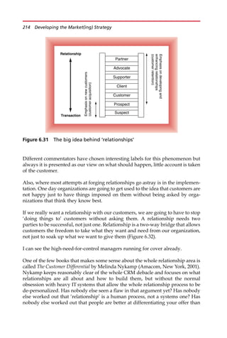 Different commentators have chosen interesting labels for this phenomenon but
always it is presented as our view on what should happen, little account is taken
of the customer.
Also, where most attempts at forging relationships go astray is in the implemen-
tation. One day organizations are going to get used to the idea that customers are
not happy just to have things imposed on them without being asked by orga-
nizations that think they know best.
If we really want a relationship with our customers, we are going to have to stop
‘doing things to’ customers without asking them. A relationship needs two
parties to be successful, not just one. Relationship is a two-way bridge that allows
customers the freedom to take what they want and need from our organization,
not just to soak up what we want to give them (Figure 6.32).
I can see the high-need-for-control managers running for cover already.
One of the few books that makes some sense about the whole relationship area is
called The Customer Differential by Melinda Nykamp (Amacom, New York, 2001).
Nykamp keeps reasonably clear of the whole CRM debacle and focuses on what
relationships are all about and how to build them, but without the normal
obsession with heavy IT systems that allow the whole relationship process to be
de-personalized. Has nobody else seen a flaw in that argument yet? Has nobody
else worked out that ‘relationship’ is a human process, not a systems one? Has
nobody else worked out that people are better at differentiating your offer than
Partner
Advocate
Supporter
Client
Customer
Prospect
Suspect
Emphasis
on
developing
and
enhancing
relationships
(customer
retention)
Emphasis
on
new
customers
(customer
acquisition)
Relationship
Transaction
Figure 6.31 The big idea behind ‘relationships’
214 Developing the Market(ing) Strategy
 