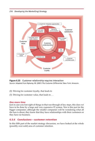 (2) Driving for customer loyalty, that leads to
(3) Driving for customer value, that leads to . . .
One more time
Just in case you lost sight of things in that run-through of key steps, this does not
have to be done by a large and very expensive IT system. Nor is this just for the
bigger companies; although the smaller companies will be wondering what all
the fuss is about, they know that they have relationships with their customers or
they have no business.
6.5.6 Conclusions – customer retention
In this fifth part of the market strategy discussion, we have looked at the whole
(possibly over-sold) area of customer retention.
Customer
understanding
Corporate comm./
public relations
Advertising
Customer care
Web
Call
center
Point of Sales/
Service
Marketing
communications
Field sales/
operations
Customer
value
Customer
satisfaction
Customer
Loyalty
3. Customer interaction opportunities
2. Customer
needs
1. Customer
purchase cycle
Figure 6.33 Customer relationship requires interaction
Source: Adapted from Nykamp, M. (2001) The Customer Differential. New York: Amacom.
216 Developing the Market(ing) Strategy
 
