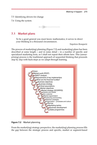 7.5 Identifying drivers for change
7.6 Using the system.
7.1 Market plans
To be a good general you must know mathematics; it serves to direct
your thinking in a thousand circumstances.
Napoleon Bonaparte
The process of market(ing) planning (Figure 7.2) and market(ing) plans has been
described at some length — and in some detail — in a number of specific and
specialized marketing texts, so I shall not repeat their efforts here. This (unsur-
prising) process is the traditional approach of sequential thinking that proceeds
step by step with back-steps as we adapt through learning.
From the market(ing) strategy perspective, the market(ing) planning process fills
the gap between the strategic process and specific, market or segment-based
Vision
Market audit (PEST)
SWOT analysis
Requirements of key implementers
What are the financial hurdles?
Business objectives
Business strategy
Critical assumptions
Market objectives
Market strategy (SCORPIO)
Industry and market
Our customer
Market segmentation
Positioning and branding
Retention strategies
Organization – processes and culture
Offerings
Marketing tactics
Business development
Sales programmes
Figure 7.2 Market planning
Making it happen 275
 