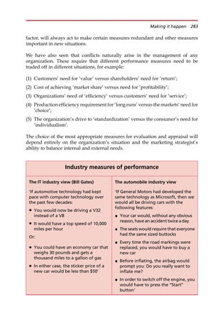 factor, will always act to make certain measures redundant and other measures
important in new situations.
We have also seen that conflicts naturally arise in the management of any
organization. These require that different performance measures need to be
traded off in different situations, for example:
(1) Customers’ need for ‘value’ versus shareholders’ need for ‘return’;
(2) Cost of achieving ‘market share’ versus need for ‘profitability’;
(3) Organizations’ need of ‘efficiency’ versus customers’ need for ‘service’;
(4) Production efficiency requirement for ‘long runs’ versus the markets’ need for
‘choice’;
(5) The organization’s drive to ‘standardization’ versus the consumer’s need for
‘individualism’.
The choice of the most appropriate measures for evaluation and appraisal will
depend entirely on the organization’s situation and the marketing strategist’s
ability to balance internal and external needs.
Industry measures of performance
The IT industry view (Bill Gates) The automobile industry view
‘If automotive technology had kept
pace with computer technology over
the past few decades:
‘If General Motors had developed the
same technology as Microsoft, then we
would all be driving cars with the
following features:
* You would now be driving a V32
instead of a V8 * Your car would, without any obvious
reason, have an accident twice a day
* It would have a top speed of 10,000
miles per hour * The seats would require that everyone
had the same sized buttocks
Or:
* Every time the road markings were
replaced, you would have to buy a
new car
* You could have an economy car that
weighs 30 pounds and gets a
thousand miles to a gallon of gas
* Before inflating, the airbag would
prompt you: Do you really want to
inflate me?
* In either case, the sticker price of a
new car would be less than $50’
* In order to switch off the engine, you
would have to press the ‘‘Start’’
button’
Making it happen 283
 