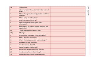 28f Organization
i Is the organization focused on internal or external
issues?
ii What is the organization really good at – and does
it matter?
iii What is going on with culture?
iv Is the organization joined up?
v Is the organization driven by the right
information?
vi Which metrics are used to manage and drive the
organization?
vii Change management – what is that?
28g Offerings
i Do we (really) understand the target market?
ii What is the value proposition?
iii What is the most appropriate business design?
iv Where are the new offerings?
v How do we assess the risk?
vi Are we managing the life cycle?
vii How do we take the offerings to market?
29 How do we implement the strategy?
30 How do we retain control of the essentials?
310
Appendix
 