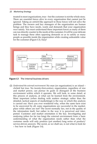 treated in most organizations, true — but the customer is not the whole story.
There are essential forces alive in every organization that cannot just be
ignored. Taking an ostrich-like approach to those forces will not solve the
problem. The owners and key managers of the organization are human
beings and they have needs, wants and demands that your organization
must satisfy. You must understand these important forces as many of them
can run directly counter to the needs of the customer. It will be your delicate
task to manage these often opposing demands so as to satisfy as many
people as possible inside the organization while creating unbeatable value
for the customer (Figure I.3). Easy!
(2) Understand the external environment: No man (or organization) is an island —
clichéd but true. No twenty-first-century organization, regardless of size
and market power, can pursue its goals in disregard of the business
environment within which it operates. We will look, in some detail, at
this process of analysis, at what can be learned from the environment.
More important (when dealing with matters strategic rather than the
detailed, tactical aspects of market(ing)) is the way in which this analysis
is carried out. Have you ever wondered why, when the same facts exist
to be uncovered by all, some organizations are successful in the market-
place while others are not? The secret normally lies, not in the quality of
the information itself, but rather in the way it is perceived and inter-
preted. Customer and market orientation is the key. Investigating and
analysing (often for far too long) the external environment from a basic
understanding of what the organization needs rather than what the
customer needs will only produce (yet another) long series of product/
service-driven answers. The secret, as we shall see, is not what to look for
— but how to look (Figure I.4).
Vision
Long-term
financial
objective Mission
Shareholder
value
Other
stakeholders’
requirements
Personal
values of key
implementers
Leadership
Figure I.3 The internal business drivers
22 Marketing Strategy
 