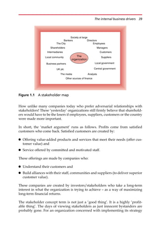 How unlike many companies today who prefer adversarial relationships with
stakeholders! These ‘yesterday’ organizations still firmly believe that sharehold-
ers would have to be the losers if employees, suppliers, customers or the country
were made more important.
In short, the ‘market argument’ runs as follows. Profits come from satisfied
customers who come back. Satisfied customers are created by:
 Offering value-added products and services that meet their needs (offer cus-
tomer value) and
 Service offered by committed and motivated staff.
These offerings are made by companies who:
 Understand their customers and
 Build alliances with their staff, communities and suppliers (to deliver superior
customer value).
These companies are created by investors/stakeholders who take a long-term
interest in what the organization is trying to achieve — as a way of maximizing
long-term financial returns.
The stakeholder concept term is not just a ‘good thing’. It is a highly ‘profit-
able thing’. The days of viewing stakeholders as just innocent bystanders are
probably gone. For an organization concerned with implementing its strategy
Shareholders
Directors
Bankers
Customers
Employees
Central government
Local government
The media
Business partners
Intermediaries
UK plc
Local community
The City
Analysts
Suppliers
The
organization
Other sources of finance
Society at large
Managers
Figure 1.1 A stakeholder map
The internal business drivers 39
 