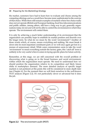 the market, customers have had to learn how to evaluate and choose among the
competing offerings and as a result have become more sophisticated in the exercise
of that choice. While there still remain examples of markets where free choice really
does not yet operate (British and European banking, fixed line telecommunications
and public utilities, among others, still have a long way to go), generally organ-
izations today do not and will not be able to control the environment in which they
operate. The environment will control them.
It is only by achieving a much better understanding of its environment that the
organization can possibly hope to establish its market position and flourish over
the longer term. So what do we mean by the word ‘environment’? Another of
those words which, of course, means everything and nothing. We must break it
down into its most important constituent parts or we will once again get lost in a
morass of unnecessary detail. While some commentators seem to take the word
‘environment’ to mean everything outside the factory gates, this ‘catch-all’ term is
unlikely to be very useful when it comes to laying specific plans for future activity.
Remember, at this stage, we are still concerned with the overall problem of
discovering what is going on in the broad business and social environment,
within which the organization must operate. We need to understand how we
should position the organization relative to its competition and likely future
shifts in marketplace demand. The more detailed analysis of specific target
markets is not pertinent at this point; this will be considered in more depth later
(see Chapter 6). For the moment then we will limit ourselves to the well-known
PEST analysis (Figure 2.2). It’s not particularly clever or advanced but it does
the job.
The
organization
Political Economic
Sociological
Technological
Environmental International
Other,
possibly
organization-
specific
Figure 2.2 The environment audit (PEST)
46 Preparing for the Market(ing) Strategy
 