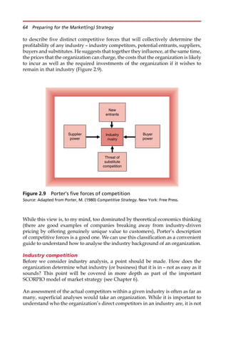 to describe five distinct competitive forces that will collectively determine the
profitability of any industry — industry competitors, potential entrants, suppliers,
buyers and substitutes. He suggests that together they influence, at the same time,
the prices that the organization can charge, the costs that the organization is likely
to incur as well as the required investments of the organization if it wishes to
remain in that industry (Figure 2.9).
While this view is, to my mind, too dominated by theoretical economics thinking
(there are good examples of companies breaking away from industry-driven
pricing by offering genuinely unique value to customers), Porter’s description
of competitive forces is a good one. We can use this classification as a convenient
guide to understand how to analyse the industry background of an organization.
Industry competition
Before we consider industry analysis, a point should be made. How does the
organization determine what industry (or business) that it is in — not as easy as it
sounds? This point will be covered in more depth as part of the important
SCORPIO model of market strategy (see Chapter 6).
An assessment of the actual competitors within a given industry is often as far as
many, superficial analyses would take an organization. While it is important to
understand who the organization’s direct competitors in an industry are, it is not
Industry
rivalry
Threat of
substitute
competition
Buyer
power
New
entrants
Supplier
power
Figure 2.9 Porter’s five forces of competition
Source: Adapted from Porter, M. (1980) Competitive Strategy. New York: Free Press.
64 Preparing for the Market(ing) Strategy
 