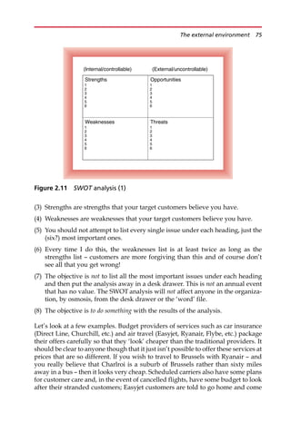 (3) Strengths are strengths that your target customers believe you have.
(4) Weaknesses are weaknesses that your target customers believe you have.
(5) You should not attempt to list every single issue under each heading, just the
(six?) most important ones.
(6) Every time I do this, the weaknesses list is at least twice as long as the
strengths list — customers are more forgiving than this and of course don’t
see all that you get wrong!
(7) The objective is not to list all the most important issues under each heading
and then put the analysis away in a desk drawer. This is not an annual event
that has no value. The SWOT analysis will not affect anyone in the organiza-
tion, by osmosis, from the desk drawer or the ‘word’ file.
(8) The objective is to do something with the results of the analysis.
Let’s look at a few examples. Budget providers of services such as car insurance
(Direct Line, Churchill, etc.) and air travel (Easyjet, Ryanair, Flybe, etc.) package
their offers carefully so that they ‘look’ cheaper than the traditional providers. It
should be clear to anyone though that it just isn’t possible to offer these services at
prices that are so different. If you wish to travel to Brussels with Ryanair — and
you really believe that Charlroi is a suburb of Brussels rather than sixty miles
away in a bus — then it looks very cheap. Scheduled carriers also have some plans
for customer care and, in the event of cancelled flights, have some budget to look
after their stranded customers; Easyjet customers are told to go home and come
Threats
1
2
3
4
5
6
Weaknesses
1
2
3
4
5
6
Opportunities
1
2
3
4
5
6
Strengths
1
2
3
4
5
6
(Internal/controllable) (External/uncontrollable)
Figure 2.11 SWOT analysis (1)
The external environment 75
 