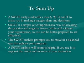 To Sum Up
To Sum Up
• A SWOT analysis identifies your S, W, O and T to
A SWOT analysis identifies your S, W, O and T to
assist you in making strategic plans and decisions.
assist you in making strategic plans and decisions.
• SWOT is a simple yet comprehensive way of assessing
SWOT is a simple yet comprehensive way of assessing
the positive and negative forces within and without
the positive and negative forces within and without
your organization, so you can be better prepared to act
your organization, so you can be better prepared to act
effectively
effectively
• The SWOT analysis prompts you to move in a balanced
The SWOT analysis prompts you to move in a balanced
way throughout your program.
way throughout your program.
• A SWOT analysis will be most helpful if you use it to
A SWOT analysis will be most helpful if you use it to
support the vision and mission of your institution.
support the vision and mission of your institution.
 