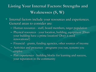 Listing Your Internal Factors: Strengths and
Listing Your Internal Factors: Strengths and
Weaknesses (S, W)
Weaknesses (S, W)
• Internal factors include your resources and experiences.
Internal factors include your resources and experiences.
General areas to consider are:
General areas to consider are:
– Human resources - staff, board members, target population
Human resources - staff, board members, target population
– Physical resources - your location, building, equipment (Does
Physical resources - your location, building, equipment (Does
your building have a prime location? Does it need
your building have a prime location? Does it need
renovations?)
renovations?)
– Financial - grants, funding agencies, other sources of income
Financial - grants, funding agencies, other sources of income
– Activities and processes - programs you run, systems you
Activities and processes - programs you run, systems you
employ
employ
– Past experiences - building blocks for learning and success,
Past experiences - building blocks for learning and success,
your reputation in the community
your reputation in the community
 