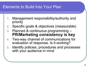 Elements to Build Into Your Plan Management responsibility/authority and priority Specific goals & objectives (measurable) Planned & continuous programming –  PR/Marketing consistency is key Two-way channel of communications for evaluation of response. Is it working?  Identify policies, procedures and processes with your audience in mind 
