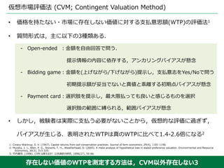仮想市場評価法 (CVM; Contingent Valuation Method)
存在しない価値のWTPを測定する⽅法は，CVM以外存在しない3
1: Ciriacy-Wantrup, S. V. (1947). Capital retur...