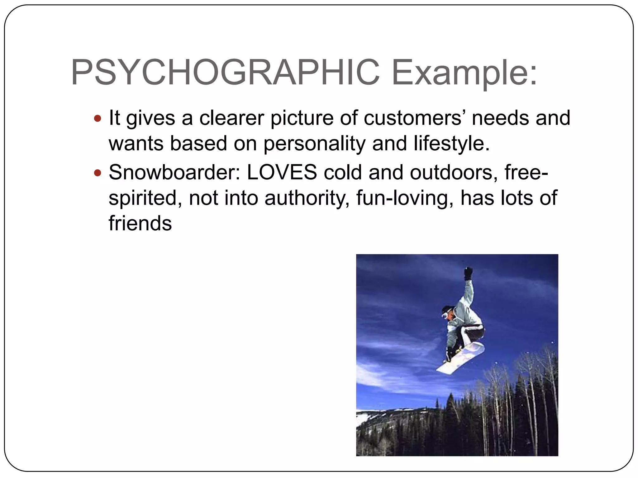 PSYCHOGRAPHIC Example:
  It gives a clearer picture of customers’ needs and
   wants based on personality and lifestyle.
  Snowboarder: LOVES cold and outdoors, free-
   spirited, not into authority, fun-loving, has lots of
   friends
 