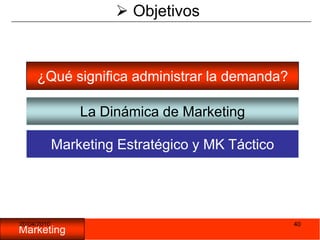 05/11/200937ORIENTACIÓN AL MARKETINGMarketing Integrado: Todos los departamentos trabajan en conjunto para satisfacer al consumidor.Funciones del marketing: fuerza de ventas, publicidad, servicio al cliente, gerencia de producto, investigación de mercados.Es una orientación no un departamento.Rentabilidad: Incrementar el valor de los accionistas.