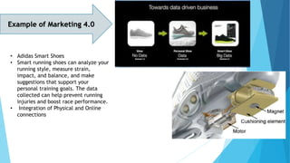 Example of Marketing 4.0
• Adidas Smart Shoes
• Smart running shoes can analyze your
running style, measure strain,
impact, and balance, and make
suggestions that support your
personal training goals. The data
collected can help prevent running
injuries and boost race performance.
• Integration of Physical and Online
connections
 