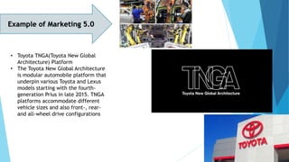 Example of Marketing 5.0
• Toyota TNGA(Toyota New Global
Architecture) Platform
• The Toyota New Global Architecture
is modular automobile platform that
underpin various Toyota and Lexus
models starting with the fourth-
generation Prius in late 2015. TNGA
platforms accommodate different
vehicle sizes and also front-, rear-
and all-wheel drive configurations
 