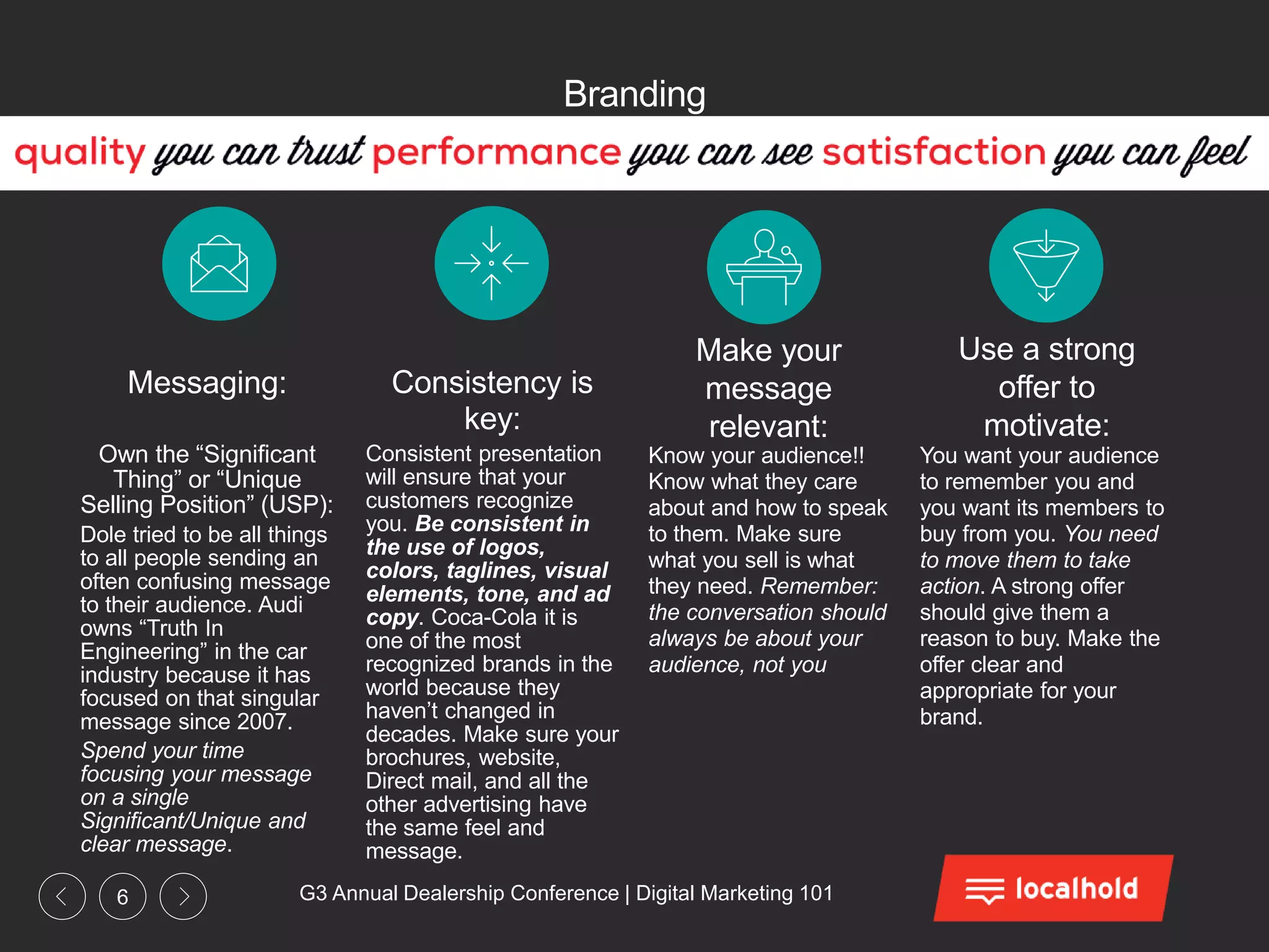 G3 Annual Dealership Conference | Digital Marketing 1016
Branding
Own the “Significant
Thing” or “Unique
Selling Position” (USP):
Dole tried to be all things
to all people sending an
often confusing message
to their audience. Audi
owns “Truth In
Engineering” in the car
industry because it has
focused on that singular
message since 2007.
Spend your time
focusing your message
on a single
Significant/Unique and
clear message.
Consistent presentation
will ensure that your
customers recognize
you. Be consistent in
the use of logos,
colors, taglines, visual
elements, tone, and ad
copy. Coca-Cola it is
one of the most
recognized brands in the
world because they
haven’t changed in
decades. Make sure your
brochures, website,
Direct mail, and all the
other advertising have
the same feel and
message.
Know your audience!!
Know what they care
about and how to speak
to them. Make sure
what you sell is what
they need. Remember:
the conversation should
always be about your
audience, not you
You want your audience
to remember you and
you want its members to
buy from you. You need
to move them to take
action. A strong offer
should give them a
reason to buy. Make the
offer clear and
appropriate for your
brand.
Use a strong
offer to
motivate:
Make your
message
relevant:
Consistency is
key:
Messaging:
 