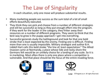 The Law of Singularity
In each situation, only one move will produce substantial results.
• Many marketing people see success as the sum total of a lot of small
efforts beautifully executed.
• They think they can pick and choose from a number of different strategies
and still be successful as long as they put enough effort into the program.
If they work for the leader in the category, they fritter away their
resources on a number of different programs. They seem to think that the
best way to grow is the puppy approach—get into everything.
• Successful generals study the battleground and look for that one bold
stroke that is least expected by the enemy. Finding one is difficult. Finding
more than one is usually impossible. Military strategist and author B.H.
Liddell Hart calls this bold stroke “the line of, least expectation.” The Allied
invasion came at Normandy, a place whose tide and rocky shore the
Germans felt would be an unlikely choice for a landing of any scale. So it is
in marketing. Most often there is only one place where a competitor is
vulnerable. And that place should be the focus of the entire invading force.
High Med Low
19
©Thegeek.co.in All rights Reserved.
 