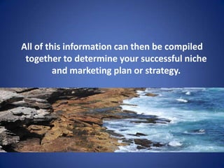 All of this information can then be compiled
together to determine your successful niche
and marketing plan or strategy.
 