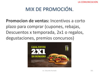 MIX DE PROMOCIÓN.
Promocion de ventas: Incentivos a corto
plazo para comprar (cupones, rebajas,
Descuentos x temporada, 2x1 o regalos,
degustaciones, premios concursos)
Lic. Eduardo Hurtado 101
LA COMUNICACION
 