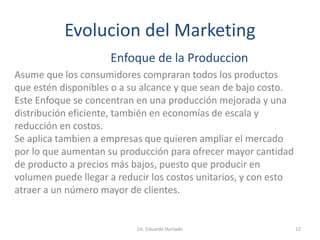 Evolucion del Marketing
Enfoque de la Produccion
Asume que los consumidores compraran todos los productos
que estén disponibles o a su alcance y que sean de bajo costo.
Este Enfoque se concentran en una producción mejorada y una
distribución eficiente, también en economías de escala y
reducción en costos.
Se aplica tambien a empresas que quieren ampliar el mercado
por lo que aumentan su producción para ofrecer mayor cantidad
de producto a precios más bajos, puesto que producir en
volumen puede llegar a reducir los costos unitarios, y con esto
atraer a un número mayor de clientes.
Lic. Eduardo Hurtado 12
 