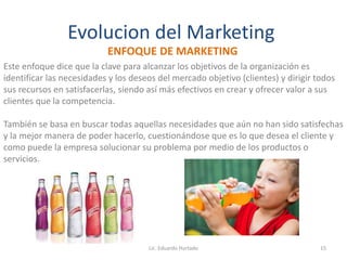 Evolucion del Marketing
ENFOQUE DE MARKETING
Este enfoque dice que la clave para alcanzar los objetivos de la organización es
identificar las necesidades y los deseos del mercado objetivo (clientes) y dirigir todos
sus recursos en satisfacerlas, siendo así más efectivos en crear y ofrecer valor a sus
clientes que la competencia.
También se basa en buscar todas aquellas necesidades que aún no han sido satisfechas
y la mejor manera de poder hacerlo, cuestionándose que es lo que desea el cliente y
como puede la empresa solucionar su problema por medio de los productos o
servicios.
Lic. Eduardo Hurtado 15
 