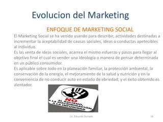 Evolucion del Marketing
ENFOQUE DE MARKETING SOCIAL
El Marketing Social se ha venido usando para describir, actividades destinadas a
incrementar la aceptabilidad de causas sociales, ideas o conductas apetecibles
al individuo.
Es las venta de ideas sociales, acarrea el mismo esfuerzo y pasos para llegar al
objetivo final el cual es vender una ideología o manera de pensar determinada
en un público consumidor.
Es aplicable sobre todo en la planeación familiar, la protección ambiental, la
conservación de la energía, el mejoramiento de la salud y nutrición y en la
conveniencia de no conducir auto en estado de ebriedad; y el éxito obtenido es
alentador.
Lic. Eduardo Hurtado 16
 